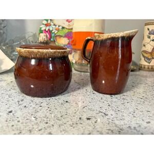 VTH Hull Brown Stoneware Sugar Bowl with Lid and Creamer Pitcher Set